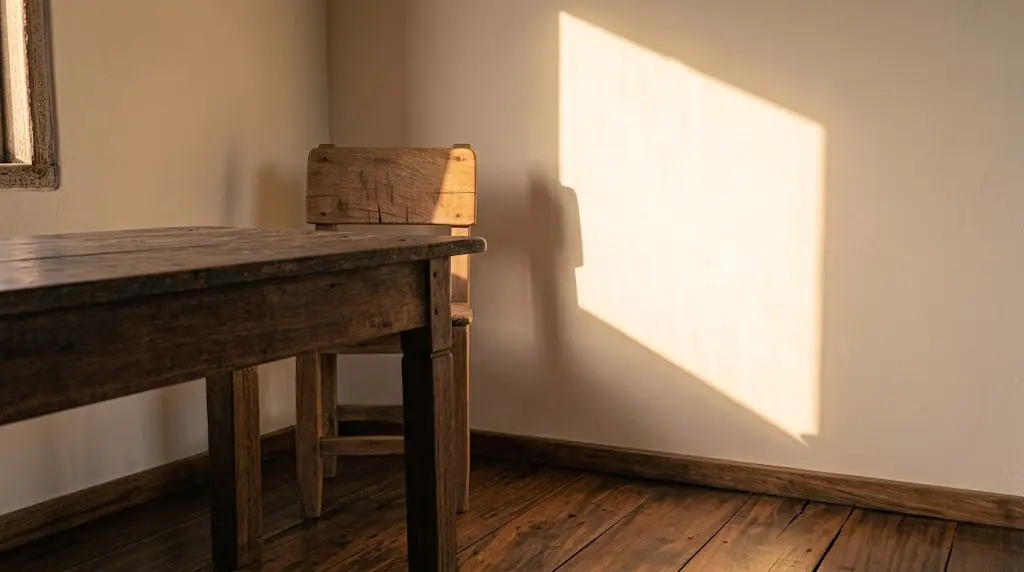 Mesa e cadeira de madeira antiga com a luz de fim de tarde já passada na parede — fases do luto e escuta clínica Camargo Bueno